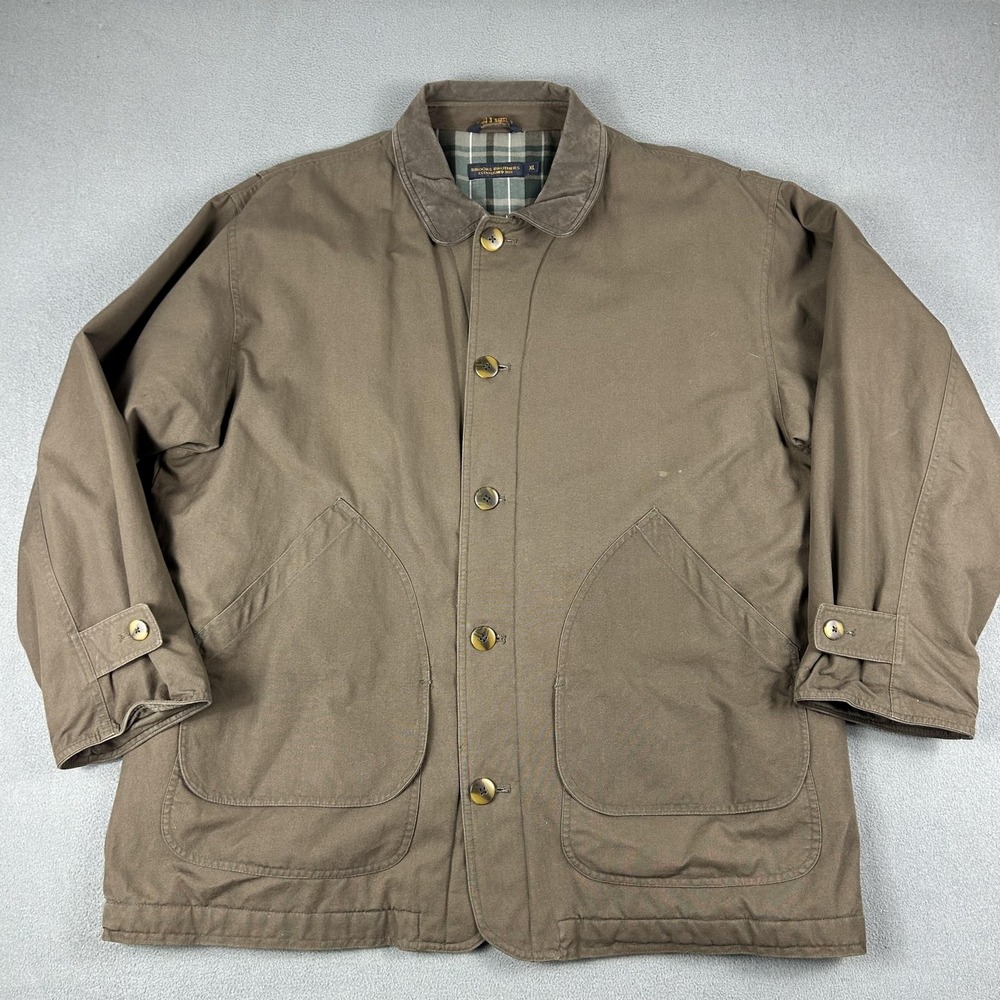 Brooks Brothers Jacket Mens XL Brown Barn Coat Field Chore Leather Collar‎ Plaid